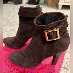 Tory Burch brown platform booties with gold buckles